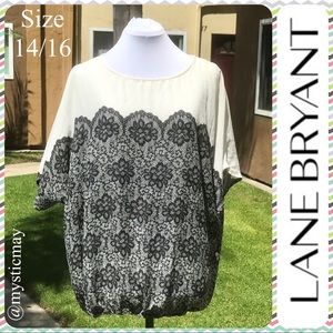 LANE BRYANT Cream w Black Lace Print Dolman Blouse Chiffon Top Size 1X or 14